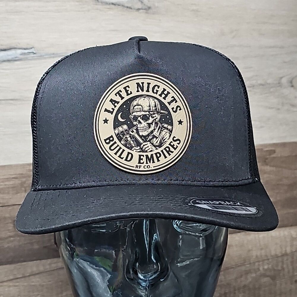LATE NIGHTS BUILD EMPIRES Leather Patch Black Trucker Snapback Hat 5 Panels Cap